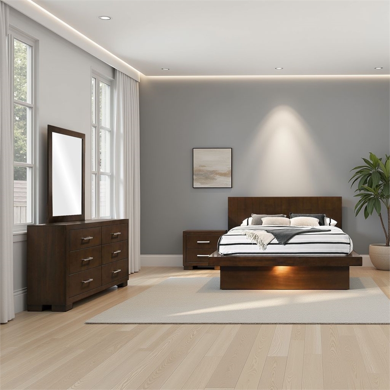 Pemberly Row 4 Piece Queen Bedroom Set with LED Underlight in Dark Brown Finish