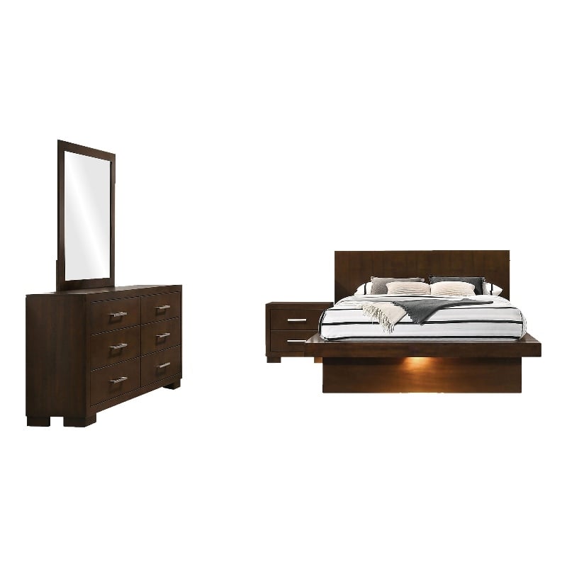 Pemberly Row 4 Piece Queen Bedroom Set with LED Underlight in Dark Brown Finish
