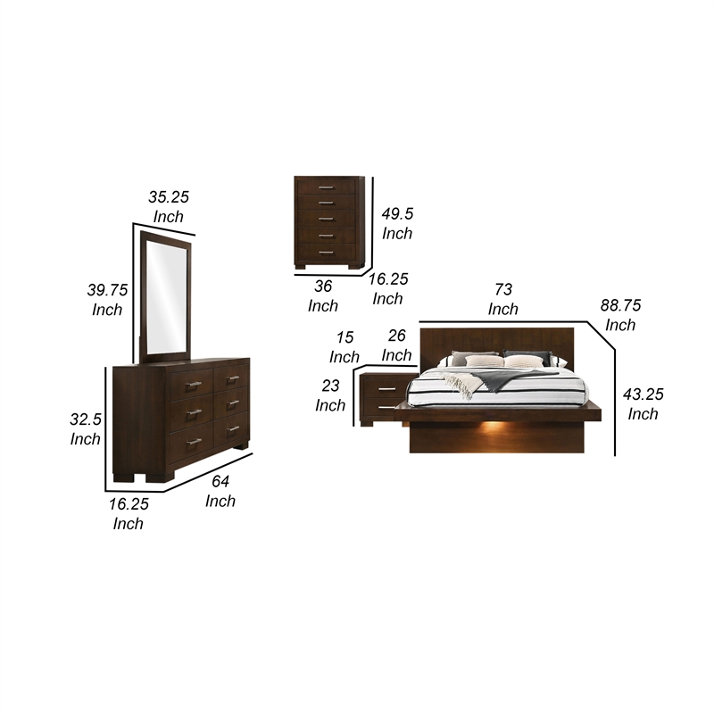 Pemberly Row 5 Piece Queen Bedroom Set with LED Underlight in Dark Brown Finish