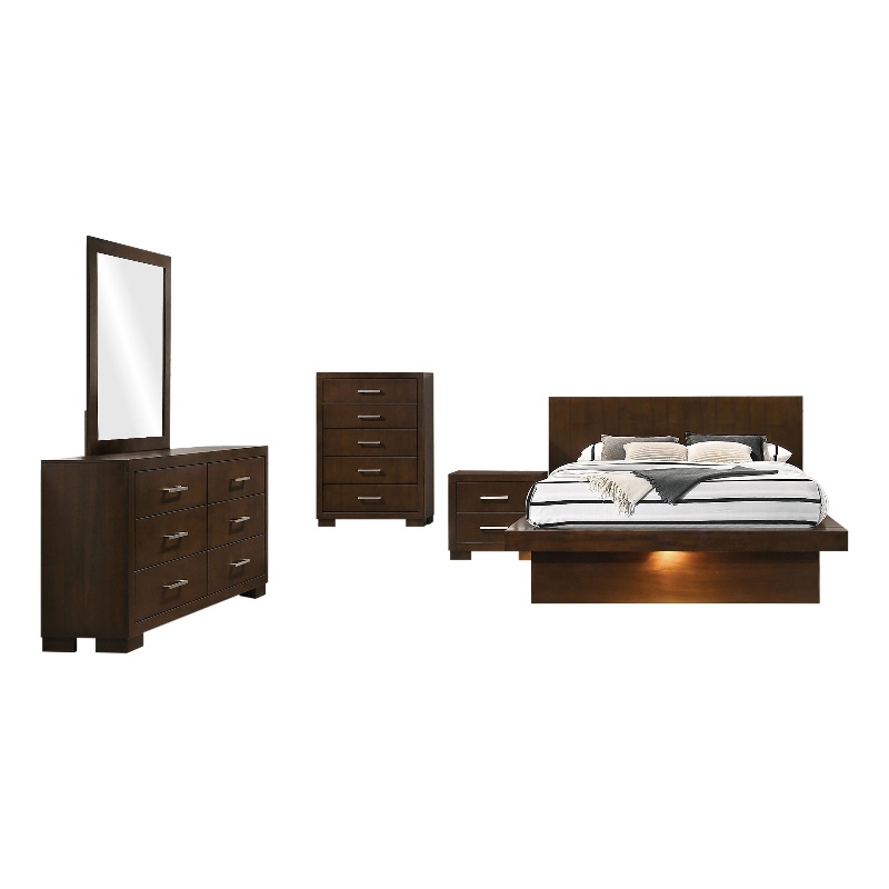 Pemberly Row 5 Piece Queen Bedroom Set with LED Underlight in Dark Brown Finish
