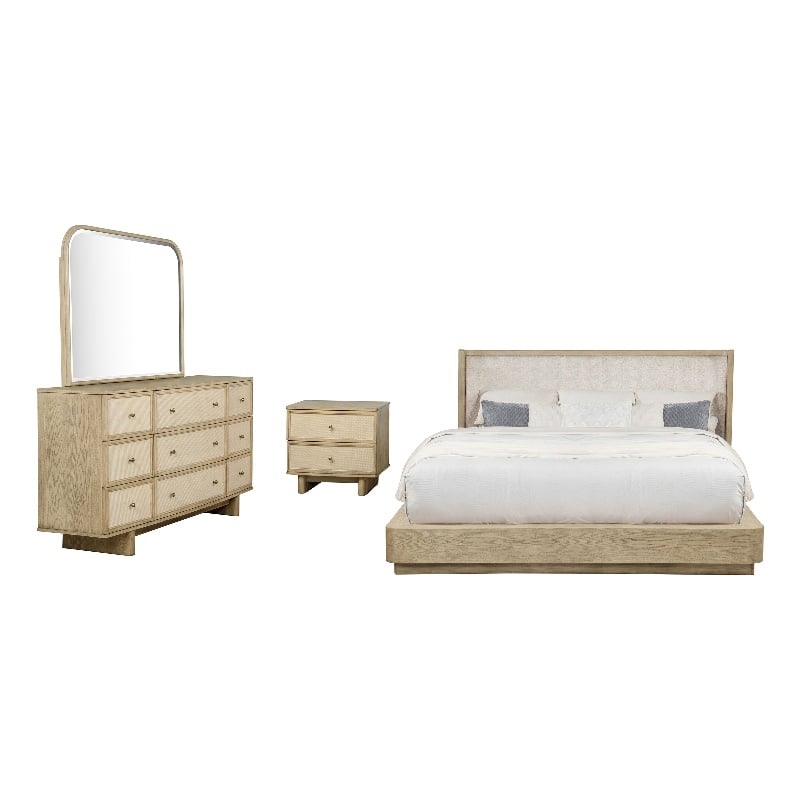 Pemberly Row 4 Pc Queen Bedroom Set with Resin Cane & USB Charging in Beige Oak
