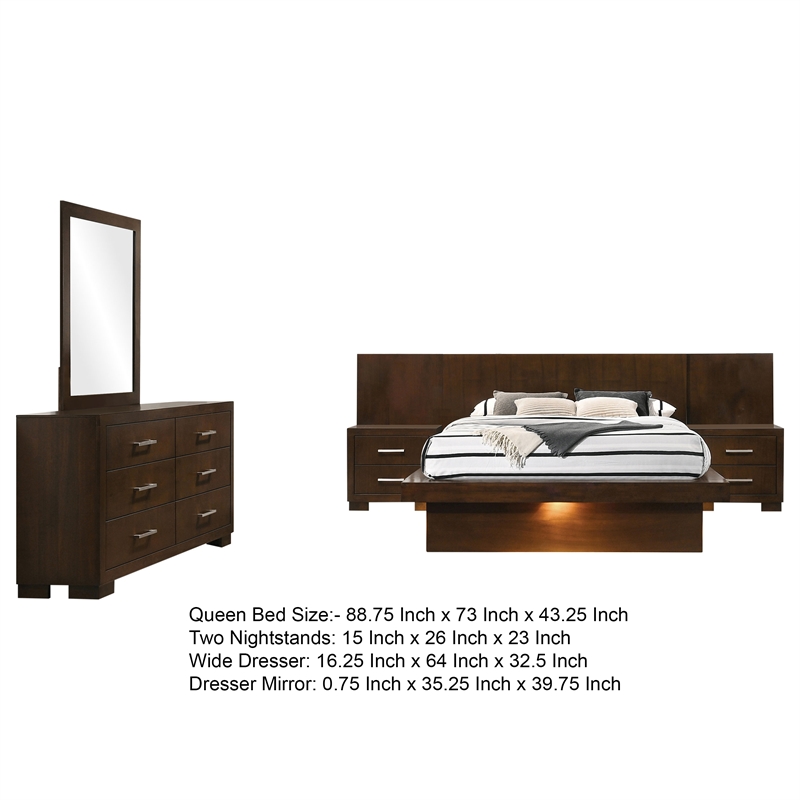 Pemberly Row 5Pc Queen Bedroom Set w/ Wall Panel Nightstands & LED in Dark Brown