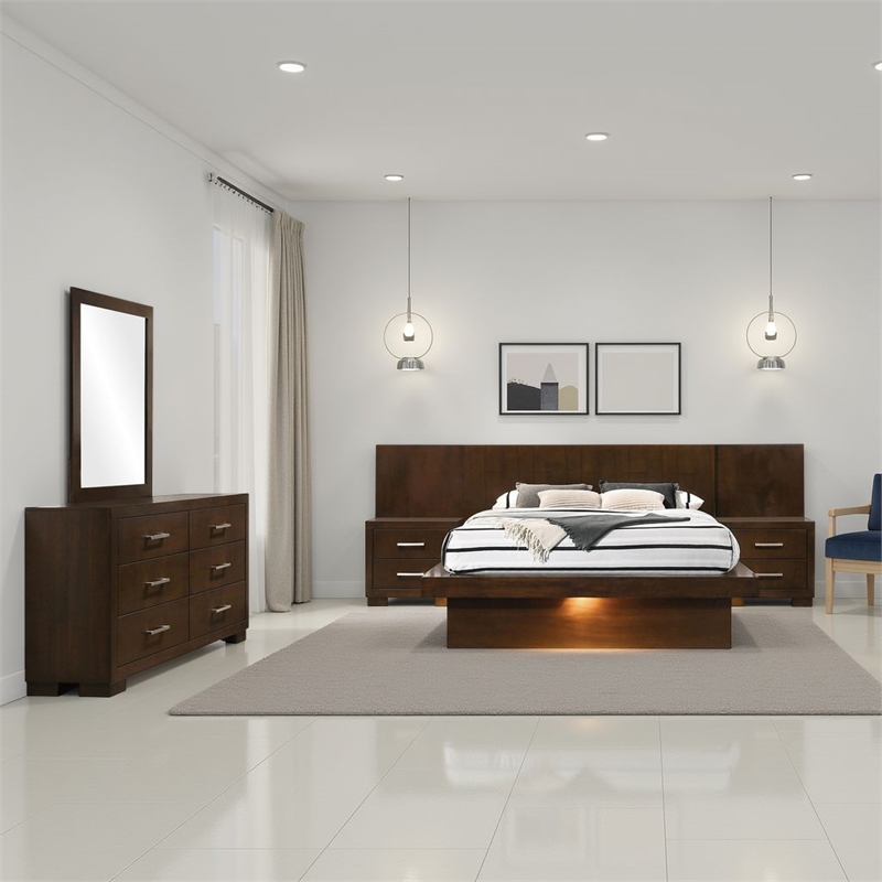 Pemberly Row 5Pc Queen Bedroom Set w/ Wall Panel Nightstands & LED in Dark Brown