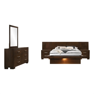 Pemberly Row 5Pc Queen Bedroom Set w/ Wall Panel Nightstands & LED in Dark Brown