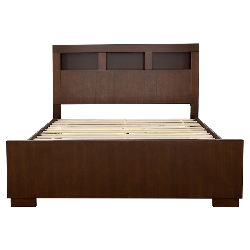 Pemberly Row 5 Piece Queen Bedroom Set with LED Bookcase Headboard in Dark Brown