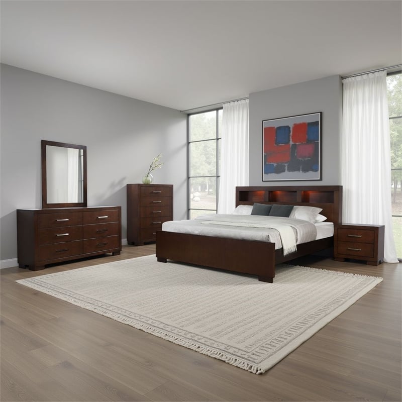 Pemberly Row 5 Piece Queen Bedroom Set with LED Bookcase Headboard in Dark Brown