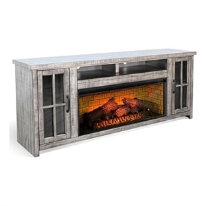 Pemberly Row 76&quot TV Media Console with Log Fireplace Option in Weathered Gray