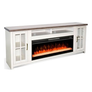 Pemberly Row 76&quot TV Media Console with Crystal Fireplace Option in White & Brown