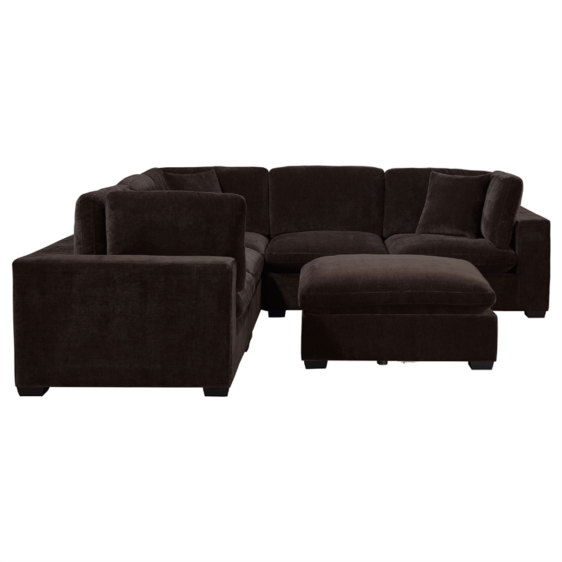Pemberly Row 6pc Modular Sectional Sofa with Ottoman and 3 Pillows in Dark Brown