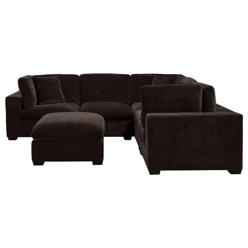 Pemberly Row 6pc Modular Sectional Sofa with Ottoman and 3 Pillows in Dark Brown