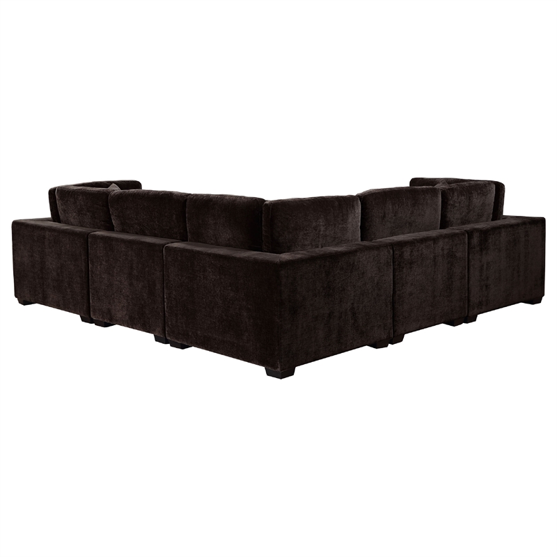 Pemberly Row 6pc Modular Sectional Sofa with Ottoman and 3 Pillows in Dark Brown