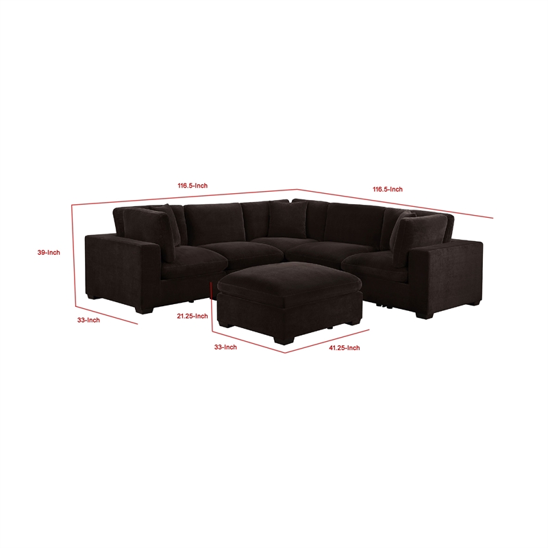 Pemberly Row 6pc Modular Sectional Sofa with Ottoman and 3 Pillows in Dark Brown