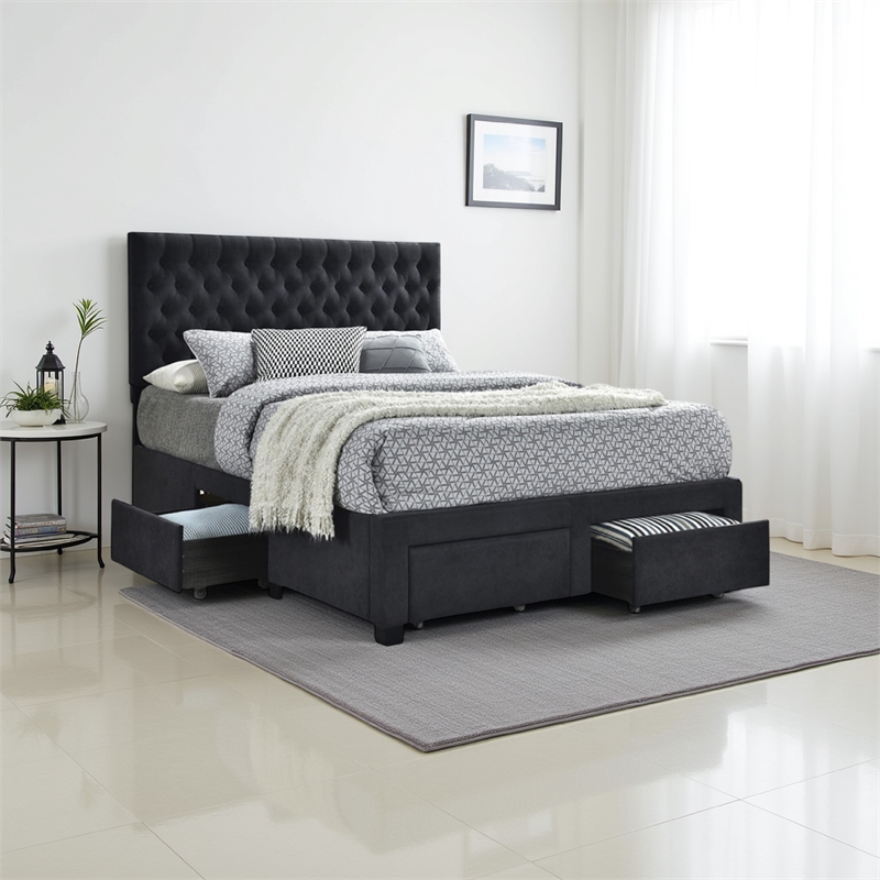 Pemberly Row Fabric Upholstered Queen Bed with Bottom Storage Drawers in Black
