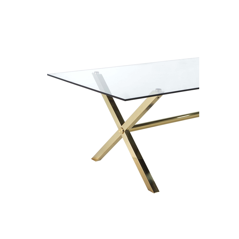 Pemberly Row 79 Inch Tempered Glass Dining Table with Gold Steel Legs