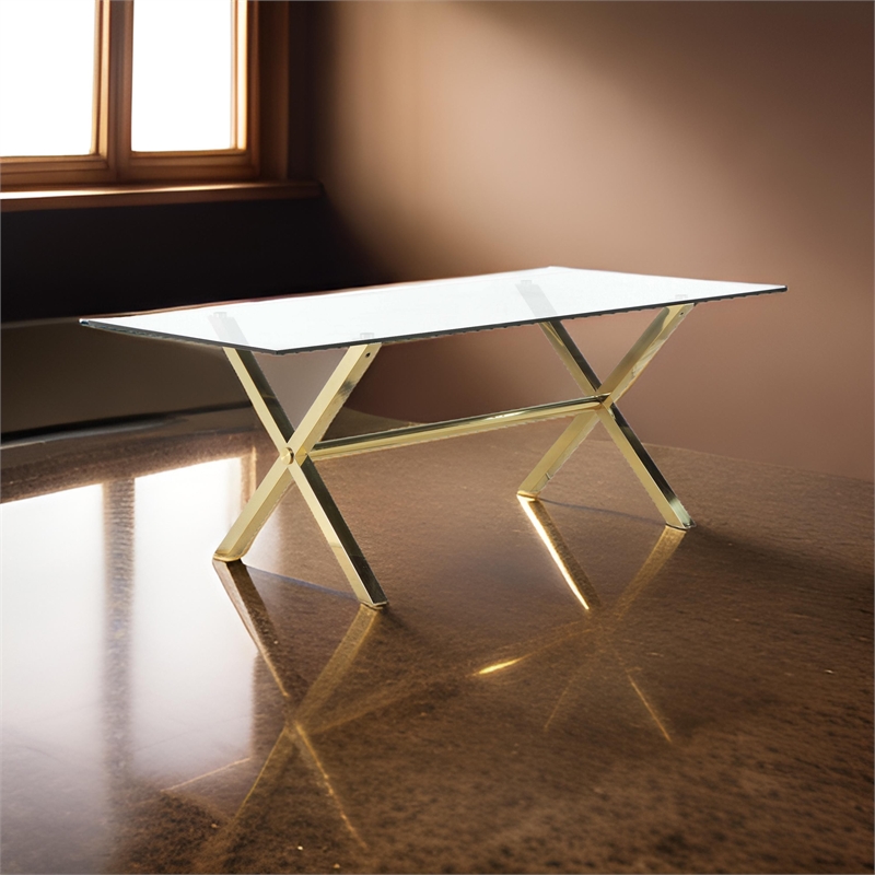 Pemberly Row 79 Inch Tempered Glass Dining Table with Gold Steel Legs