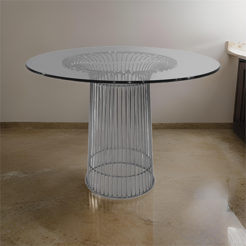Pemberly Row 40 Inch Round Tempered Glass Dining Table with Chrome Pedestal Base