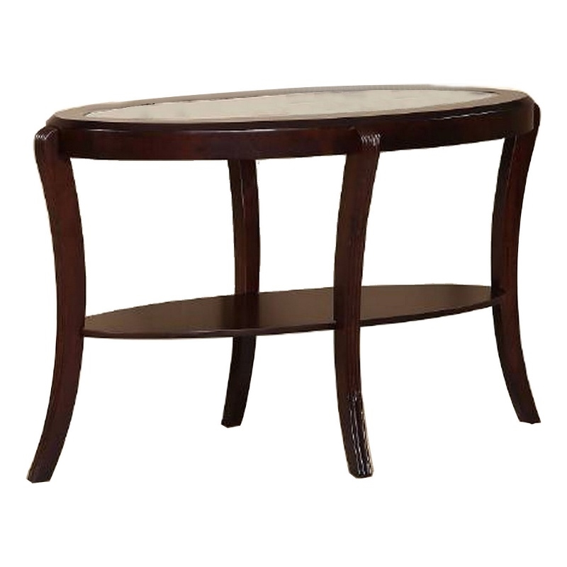 Pemberly Row 51 Inch Console Table with Oval Glass Top and Lower Shelf in Brown