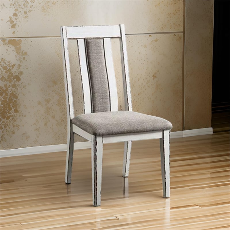 Pemberly Row Set of 2 Dining Side Chairs with Gray Cushion in Rustic White Wood