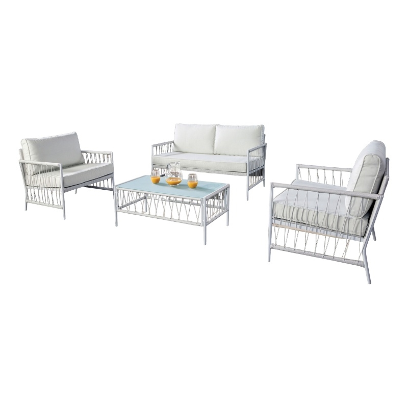 Pemberly Row 4 Piece Outdoor Patio Set with Wicker Sofa and Glass Table in White
