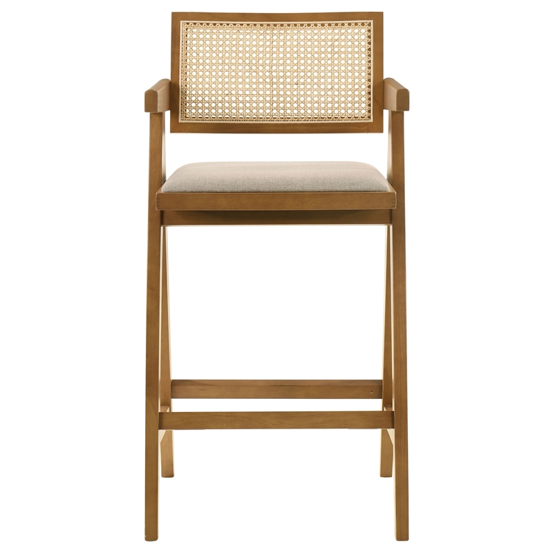 Pemberly Row Set of 2 Barstool Chairs with Woven Rattan Back in Walnut Brown