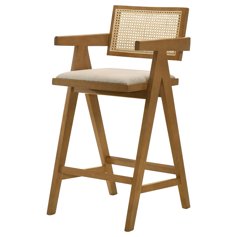 Pemberly Row Set of 2 Barstool Chairs with Woven Rattan Back in Walnut Brown