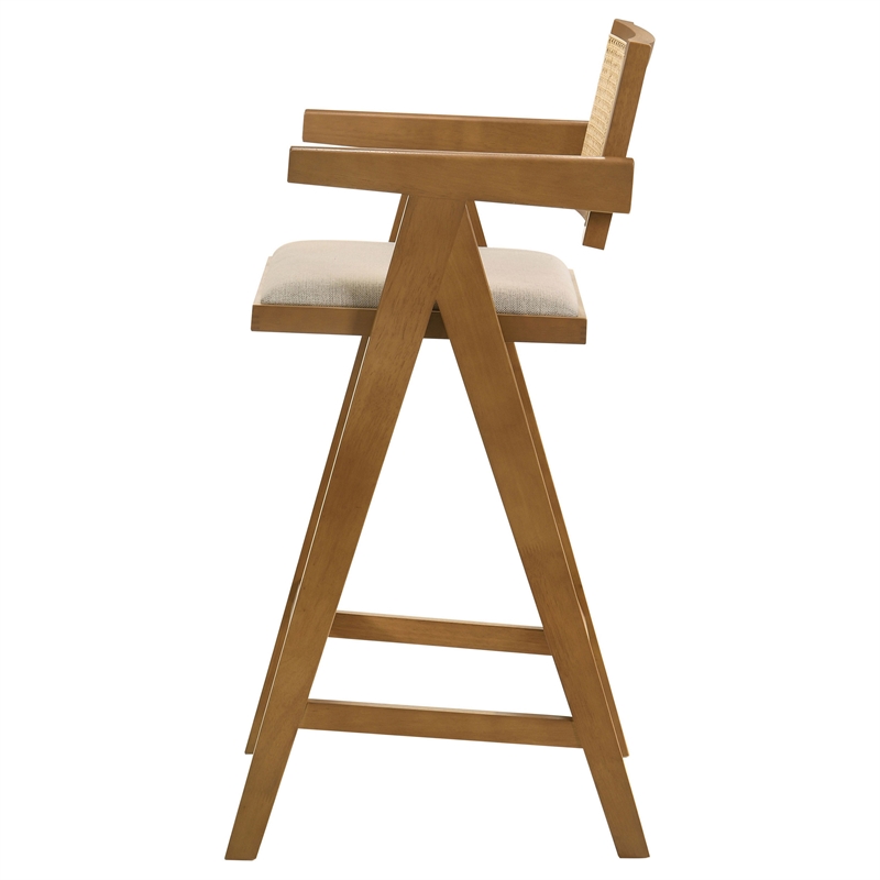 Pemberly Row Set of 2 Barstool Chairs with Woven Rattan Back in Walnut Brown