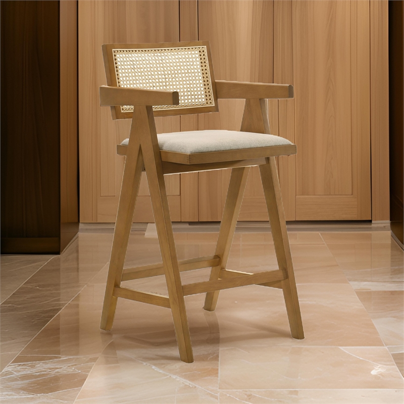 Pemberly Row Set of 2 Barstool Chairs with Woven Rattan Back in Walnut Brown