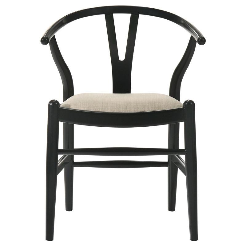 Pemberly Row Set of 2 Wishbone Dining Chairs with Beige Fabric Seat in Black