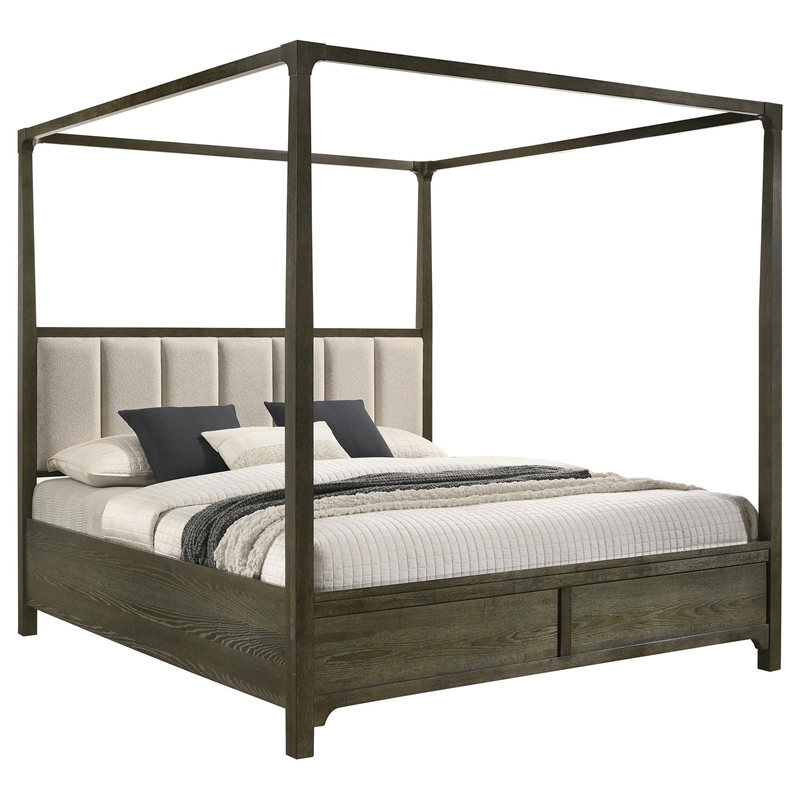 Pemberly Row Queen Canopy Bed with 4 Posts & Ivory Channel Tufted Headboard