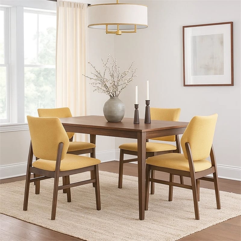 Pemberly Row 2Pc Side Chairs with Yellow Linen Cushion & Cross Support in Walnut