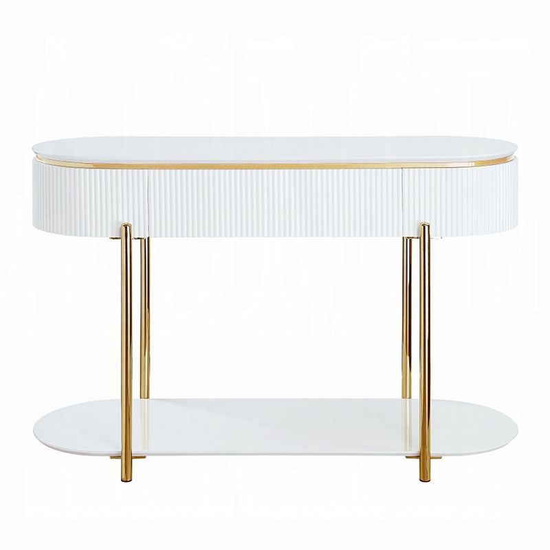 Pemberly Row 47 Inch Sofa Table with Drawer and Shelf in Glossy White and Gold