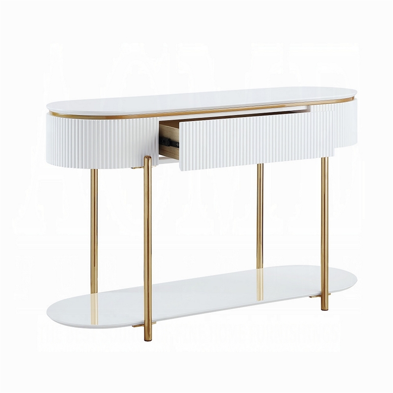 Pemberly Row 47 Inch Sofa Table with Drawer and Shelf in Glossy White and Gold