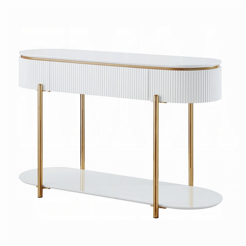 Pemberly Row 47 Inch Sofa Table with Drawer and Shelf in Glossy White and Gold