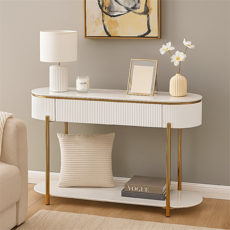 Pemberly Row 47 Inch Sofa Table with Drawer and Shelf in Glossy White and Gold