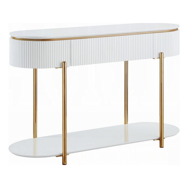 Pemberly Row 47 Inch Sofa Table with Drawer and Shelf in Glossy White and Gold
