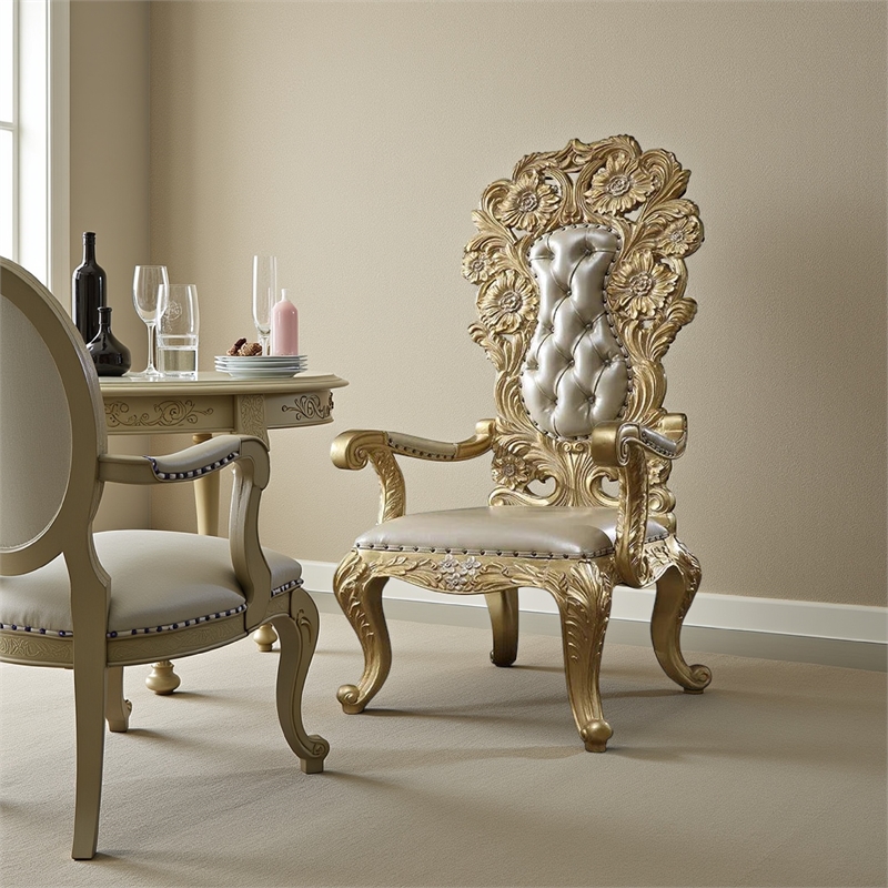 Pemberly Row Side Dining Chair Set of 2 Classic Light Gold Tufted Faux Leather