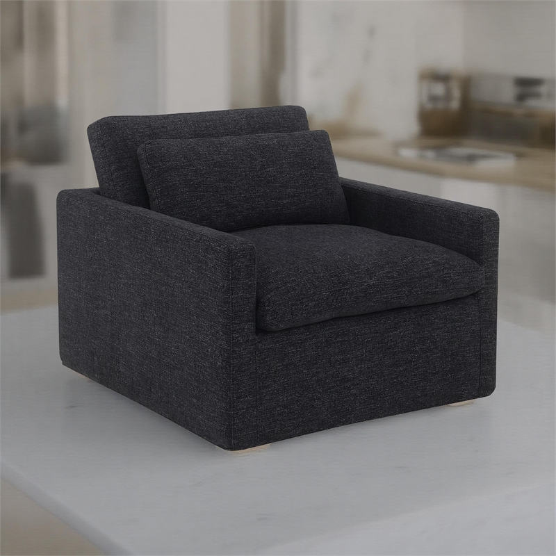 Pemberly Row Swivel Accent Chair with Pillow Square Arm in Dark Gray
