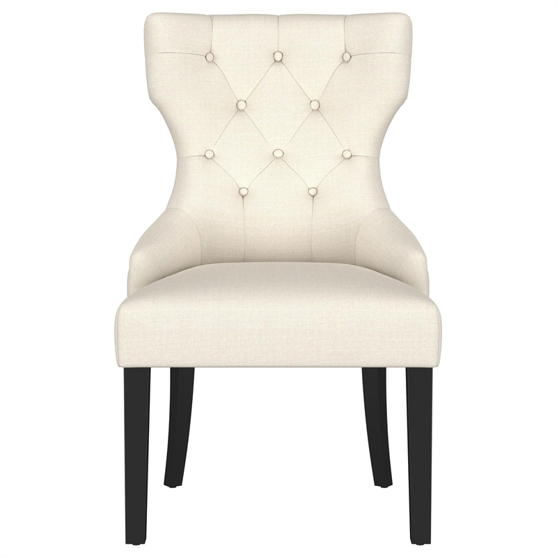 Pemberly Row Dining Side Chair Curved Barrel Design in Beige Fabric Black Wood