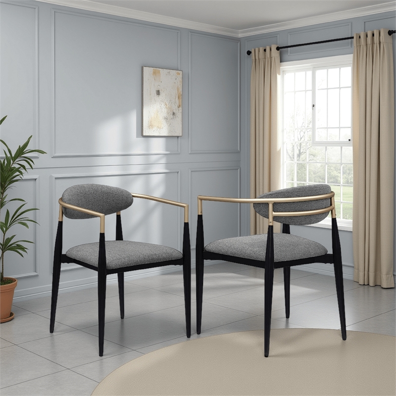 Pemberly Row Dining Armchair Set of 2 Modern Gray Fabric Sleek Black Metal