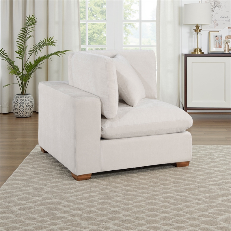 Pemberly Row Modular Corner Sofa Chair Brown Tapered Legs in Ivory White Fabric