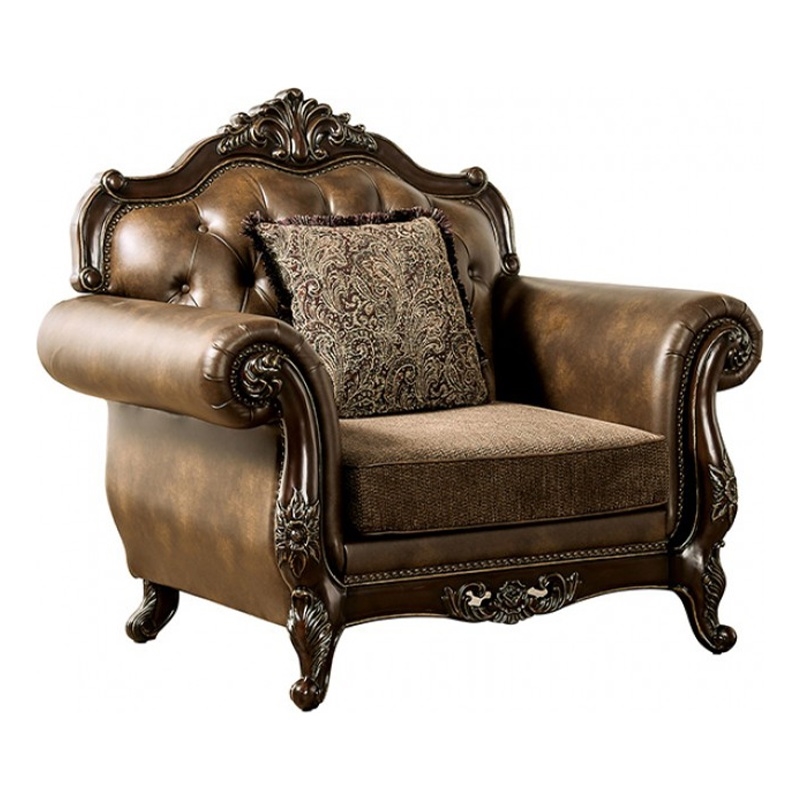 Pemberly Row Accent Chair Dark Faux Leather Rolled Arms in Cherry Brown Wood