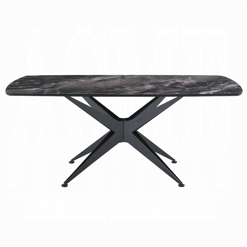 Pemberly Row 71 Inch Dining Table Crystal Glass Top Black Geometric Base
