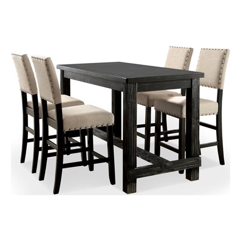 Pemberly Row 4 Piece Counter Height Table Bench and Chair Set in Ivory Black