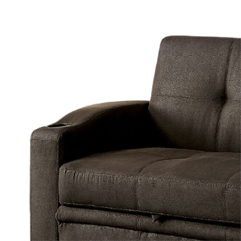 Pemberly Row Futon Sofa in Brown Fabric Upholstery Pull Out Base Button Tufting