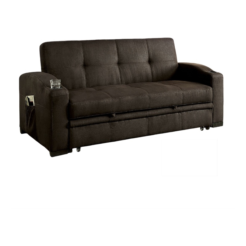 Pemberly Row Futon Sofa in Brown Fabric Upholstery Pull Out Base Button Tufting