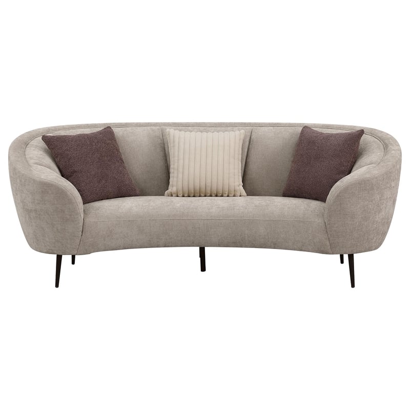 Pemberly Row 92 Inch Curved Sofa in Beige Fabric Round Design 3 Accent Pillows