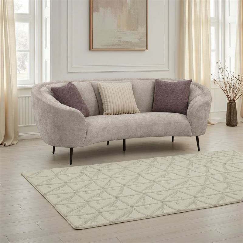 Pemberly Row 92 Inch Curved Sofa in Beige Fabric Round Design 3 Accent Pillows