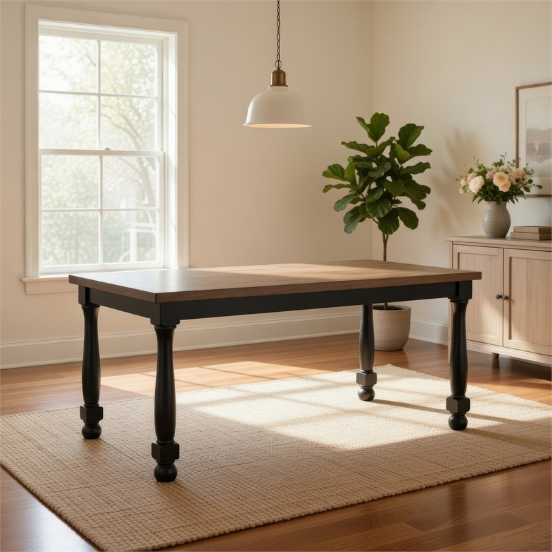 Pemberly Row 78 Inch Dining Table Farmhouse Legs Rectangular in Oak Black Wood