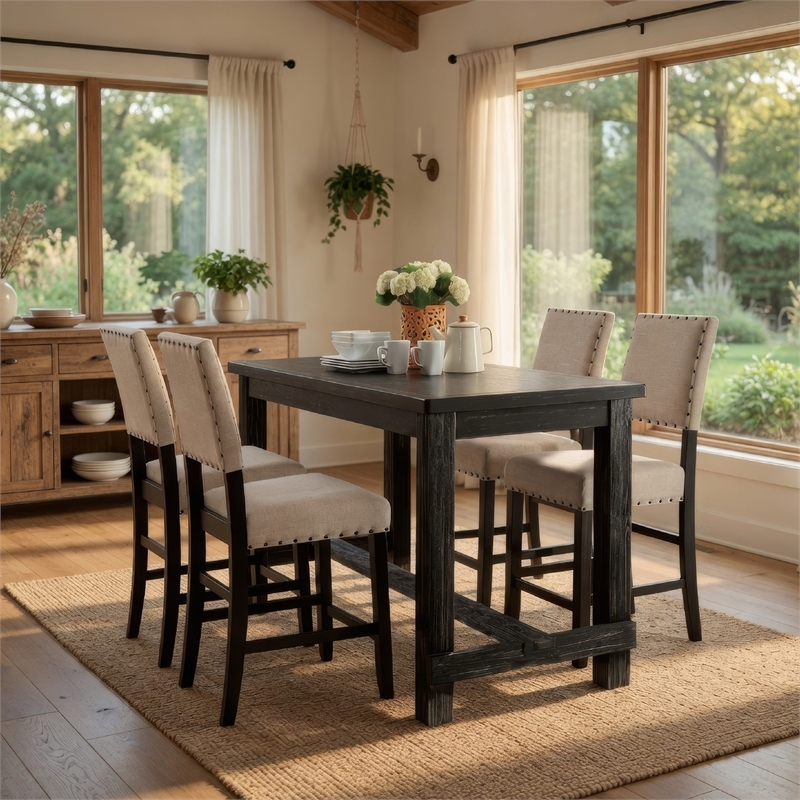Pemberly Row 5 Piece Counter Height Table and Chair Set in Ivory Black