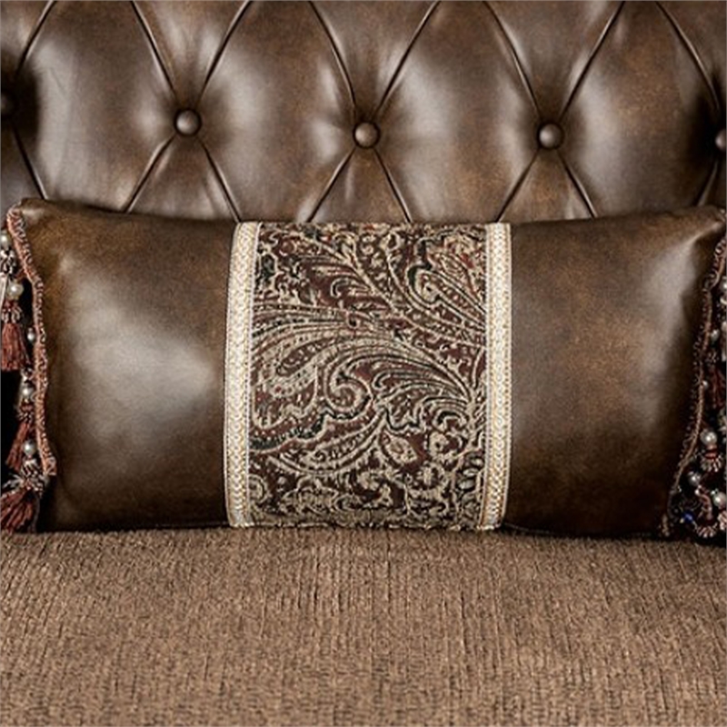 Pemberly Row 90 Inch Sofa Faux Leather Rolled Arms Cherry Brown Solid Wood
